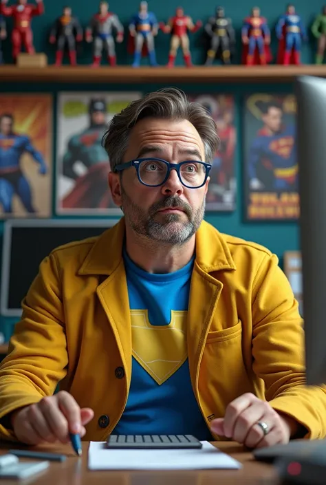 Make a 45 year old man. Brown hair beard, blue glasses with lenses , yellow coat,  blue t-shirt with the x-men symbol on the chest in yellow sit at a desk with a computer,  raising one of his eyebrows with an astonished look .  Make a shelf on the wall wit...