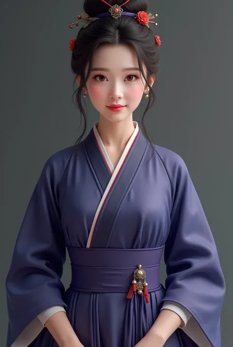 asian chinese female in simplified chinese costume, dress touches sheen, 3/4 length sleeve, plain dark colours, front view, full body, frontal view, blueish purple with trimming, realistic lady, purple costume, face front, 3/4 length dress, red orange dres...