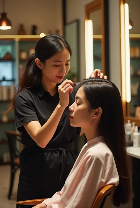 inside ladies salon one asian filipino lady cutting and doing hair styling to one lady customer