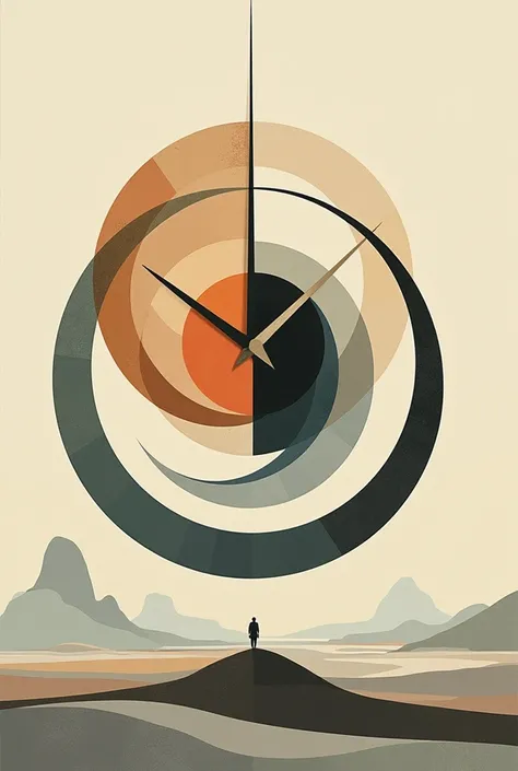  an image in the style of Wassily Kandinsky ,  an analog clock in the center made of perfect circles and straight lines, It must represent the passage of time ,  the background is space  "Empty"