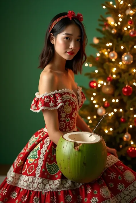  Imagine a green coconut ,    Christmas dress  . At your side,  a small Christmas tree decorated with bright lights and colorful ornaments. Cocadasexpress  