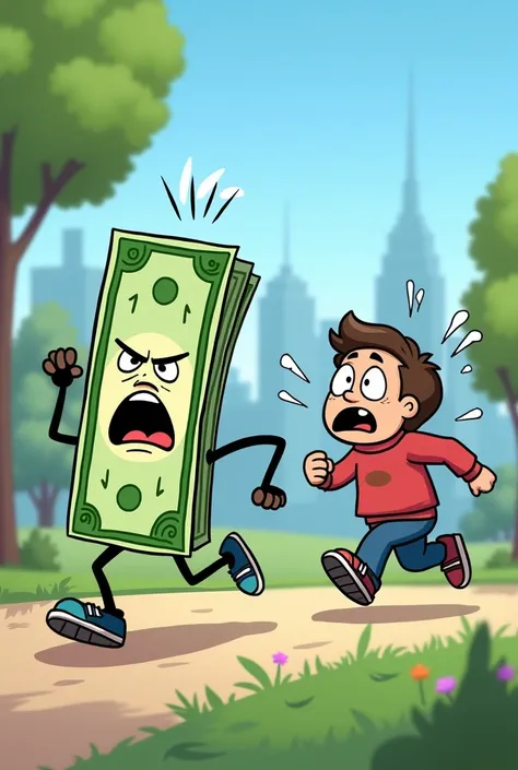 "A dollar bill with legs and arms ,  running quickly while a desperate person tries to catch it . The scene is cartoonish ,  with bright colors and exaggerated expressions :  the ticket has a mocking face and the person shows frustration and surprise. The ...