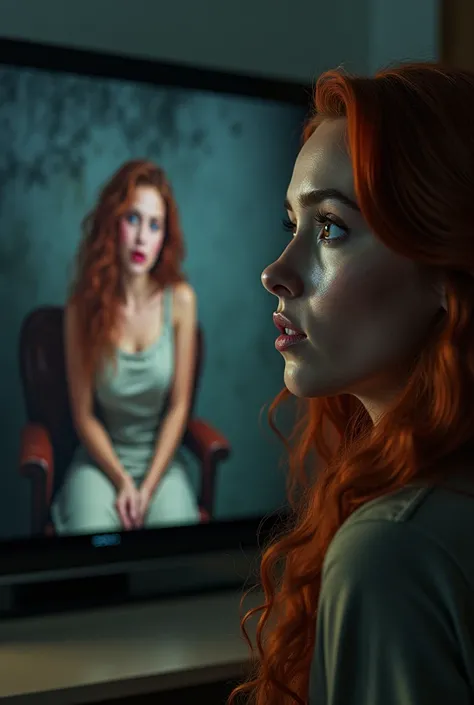 woman watching her twin sister on television. They have steel gray eyes. Long wavy red hair. square jaw and high cheekbones. The woman on the screen is chained to a chair and has a torn dress and bruises on her lip. the woman has teary eyes