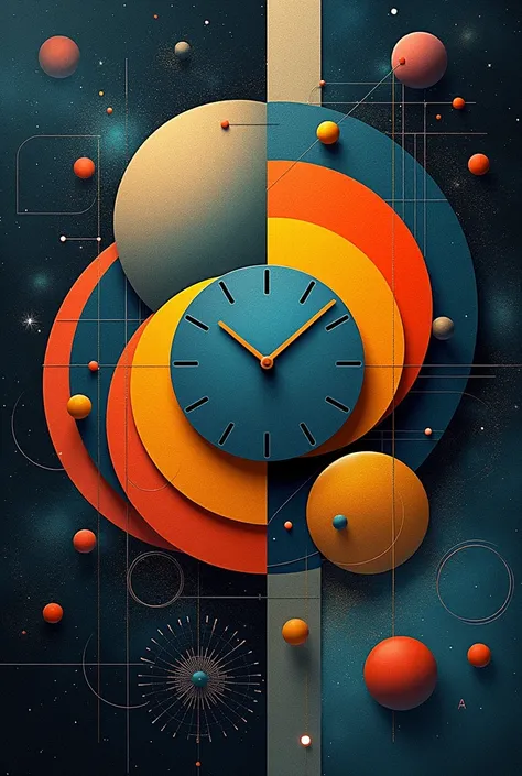  an image in the style of Wassily Kandinsky ,  an analog clock in the center made of perfect circles and straight lines, It must represent the passage of time , The background is the cideral space