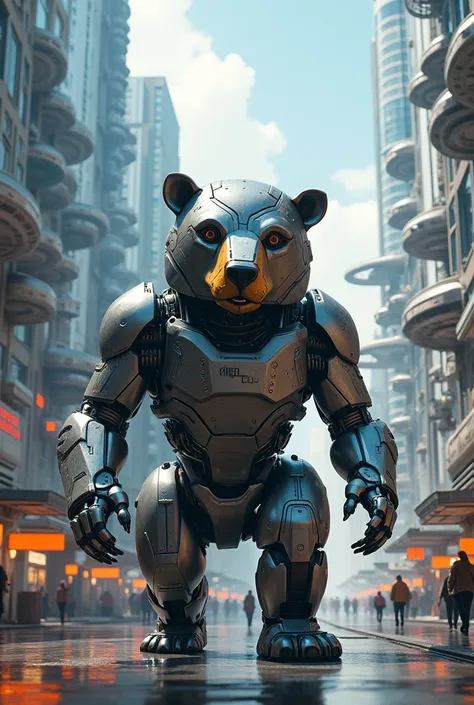 It is a Bear and in the shape of a robot beautiful city full picture 