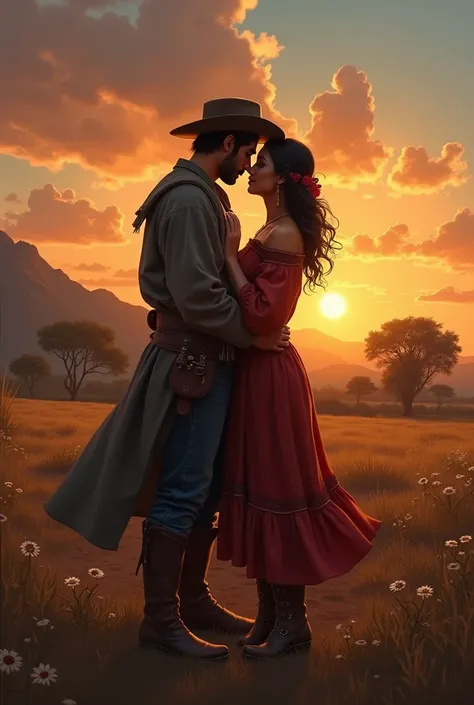  Recreate in detail the scene described in the following poem: ( remember that it takes place in Rio Grande do Sul ,  so the characters wear typical costumes of the region, Gaúcho costumes , Also typical of Argentina )
 “João crossed the sting
Which leads ...