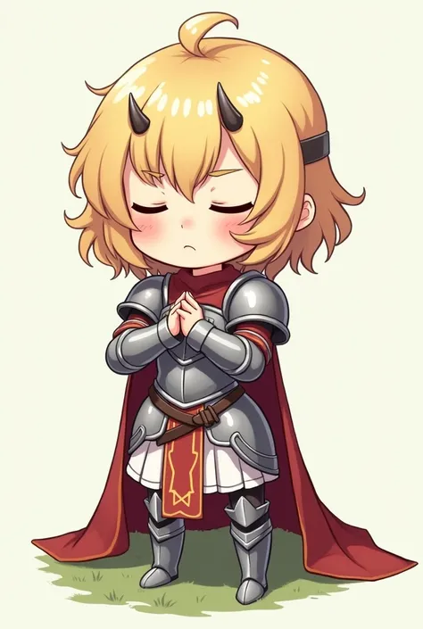 A digital art illustration of a isometric chibi-style female character inspired by classic RPG games, A white girl, about 20 years old, short blonde hair, wearing metal armor like a dress, her hands are joined in prayer, her eyes are closed, she has small ...