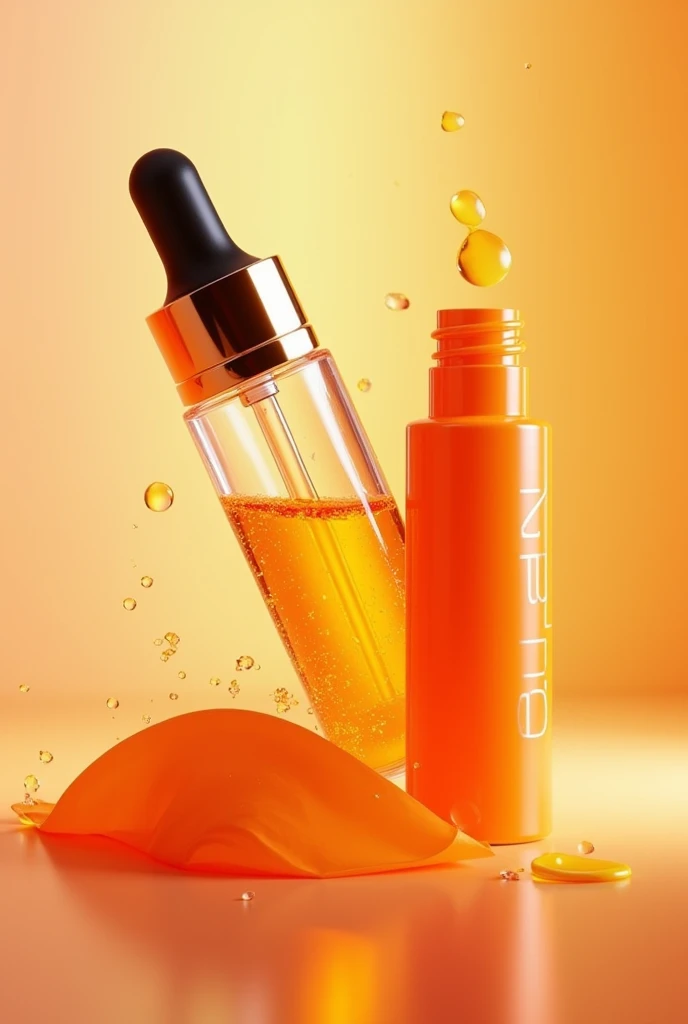 Generate an image of a vitamin c Serum orange color being unwrapped and from inside a keratin serum in gold coming out
