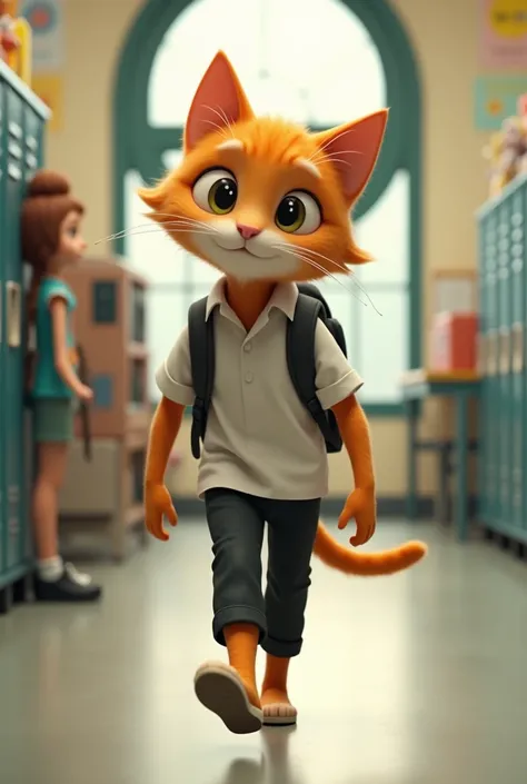 Photo 1: A very skinny orange cat walking down a school hallway. It’s wearing a typical school outfit: a white shirt, black pants, and holding a bag. There are lockers and posters on the walls, and in the background, there’s a circular shape, like a sports...