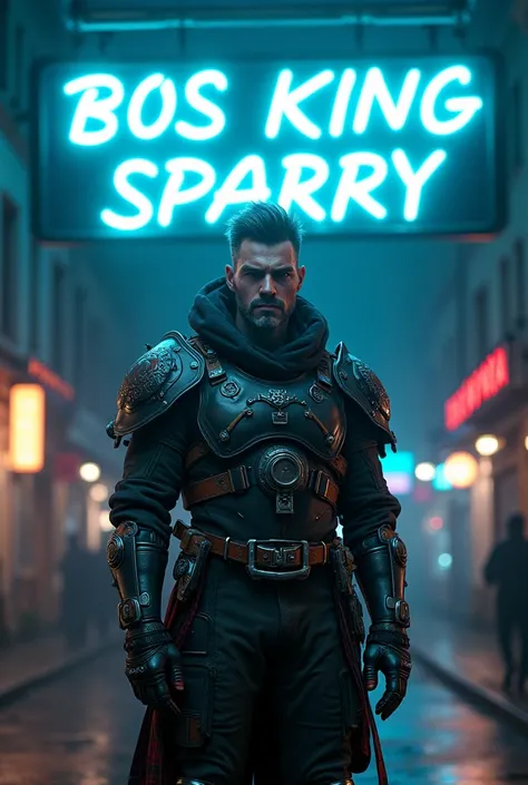 Scottish cyberpunk warrior standing under a blue sign saying
 BOS 
KING SPARRY