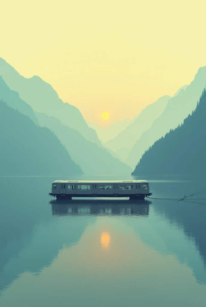  subway train crossing a calm sea,  with some bluish mountains in the background ,  a yellowing but serene dawn . Simple shapes and a bit abstract . With death inside the wagon