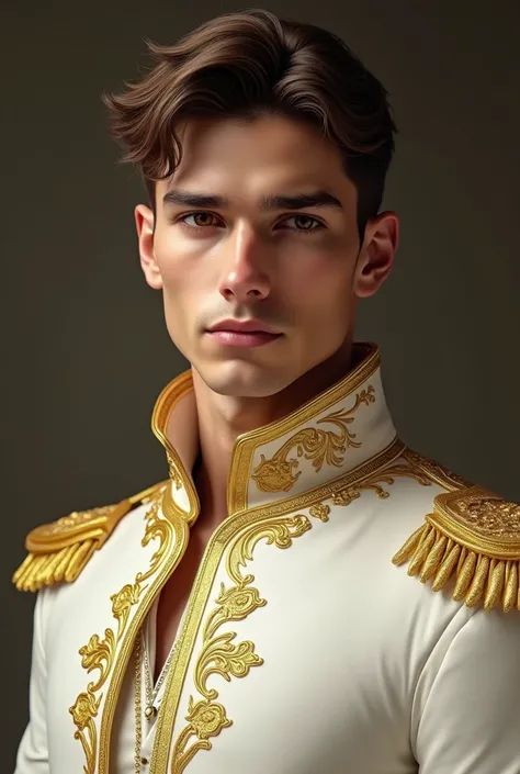 a prince, man. 
.
WITH SPANISH FACIAL FEATURES .
white skin.
light brown hair.
 The hair should be short . 
honey brown eyes. 
And the clothing will be gold and white.