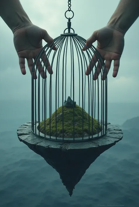 island represented as a cage ,  floating in the air or in the middle of a vast ocean .  The bars of the cage are metallic and reflect a cold glow ,  while the shadows of the hands of the powerful are projected onto the island from above.