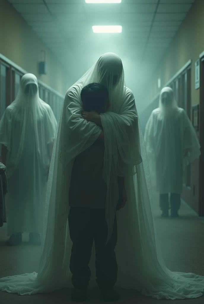 Faceless man embraces a  boy in the middle of a school and many ghosts Around it seems to be a journey into the past 