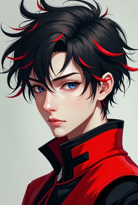 a prince, man. 
.
WITH SPANISH FACIAL FEATURES .
white skin.
 Black hair with red tufts all over her hair.
 The hair should be short . 
blue eyes. 
And the clothing will be red with black .