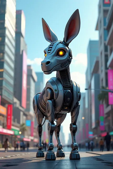 It is a donkey  and in the shape of a robot beautiful  city full picture 