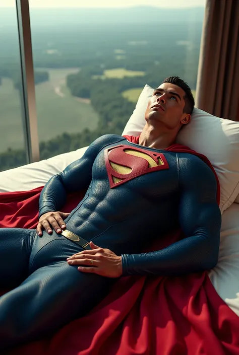 Cr7 Superman ,  lying on a bed,  landscape seen from above
