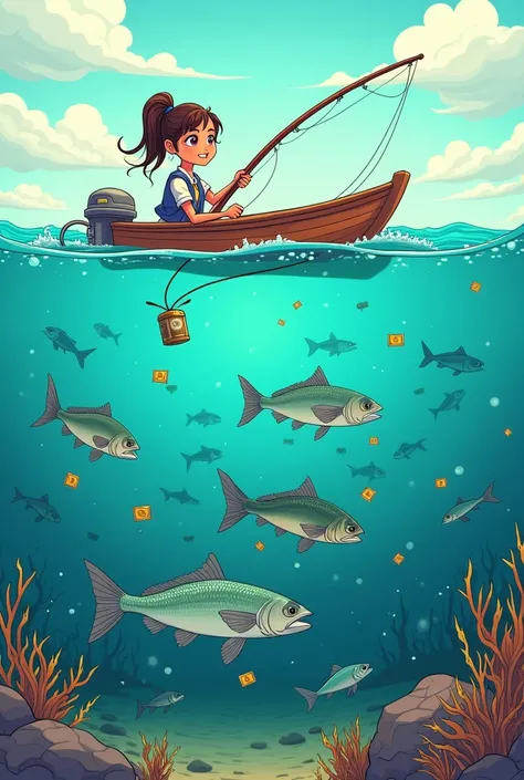 " A cartoon showing a woman fishing from a boat ,  holding a fishing rod with an expression of concentration .  In the crystal clear water ,  near the surface ,  there are many skinny fish that swim frantically ;  some are eating floating garbage ,  such a...