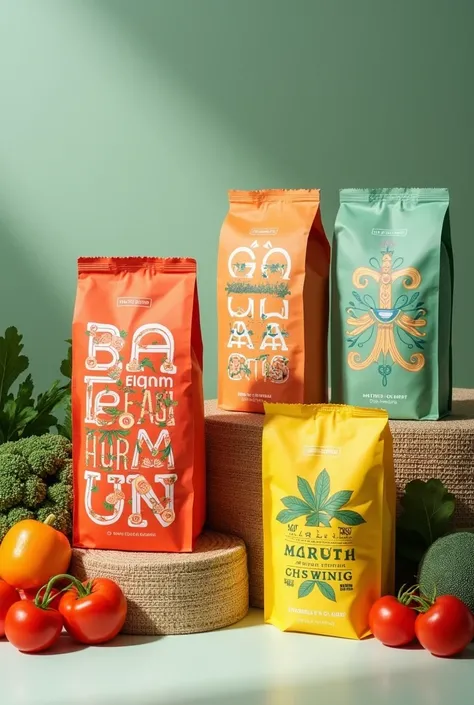 Now I want another image where the products already have a brand that already differentiates them. Like a packaging model, etc., such as vegetables, crafts and dry grains.