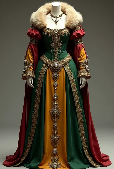 Dress attached to the body from medieval times, green with a little yellow next to the waist, in the middle diamonds and gold. An extra layer next to red color and luxurious diamonds on that layer. Fur on top of the dress.