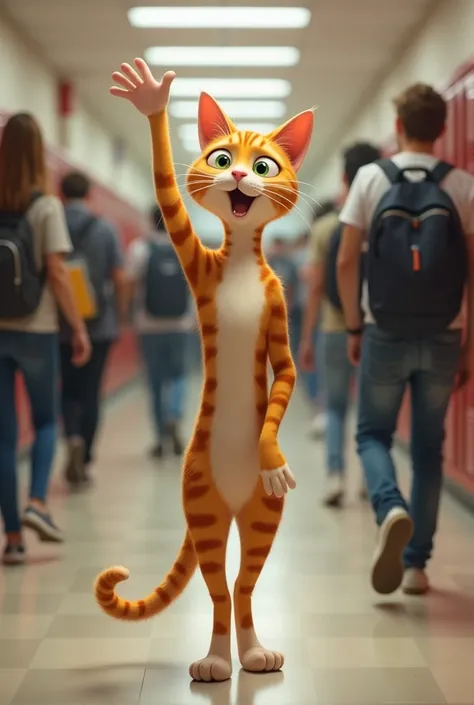 A very skinny orange ginger cat raises his hand hello in the school hallway 
