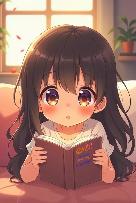 "A  cute girl with deep eyes look like acki nacki reading a book.the name of the book is " Acki Nacki Blockchain learning"
Make me an anime style photo 