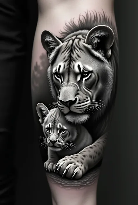 Realistic black and white tattoo design.  Design it as if you were the best tattoo artist in the world. Make a lioness appear with her puppy  