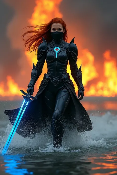 
 A young heroine in black armor ,,  With stand-up collar ,  with ginger-colored open hair , that blows in the wind, and deep dark blue eyes . That have the color of the sea . She wears a black mask on her face that covers her mouth and nose . 
Your hands ...