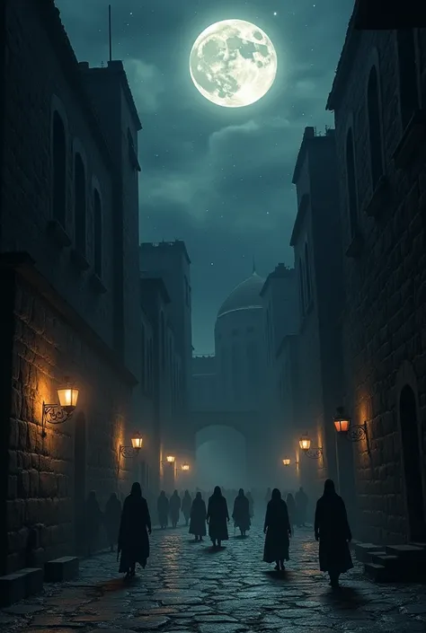 Dark view of an ancient city under a full moon, with mysterious shadows , Context of the time of Jesus Christ 