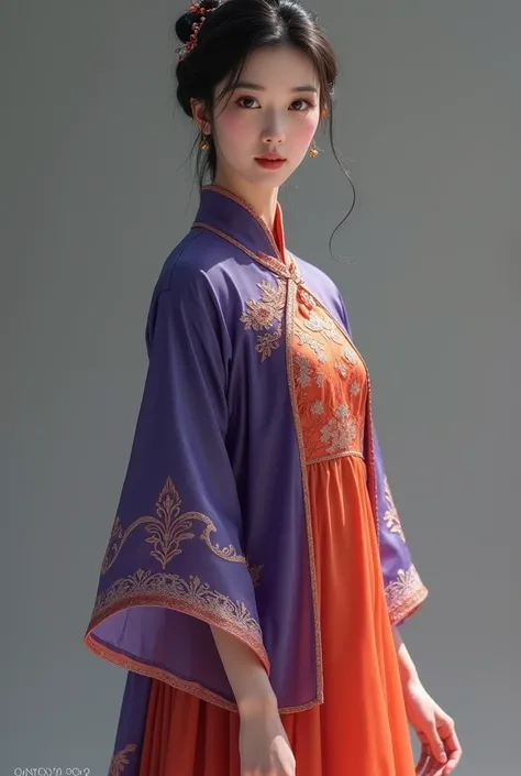 asian chinese female in simplified chinese costume, dress touches sheen, 3/4 length sleeve, plain dark colours, front view, full body, frontal view, blueish purple with trimming, realistic lady, purple costume, face front, 3/4 length dress, red orange dres...