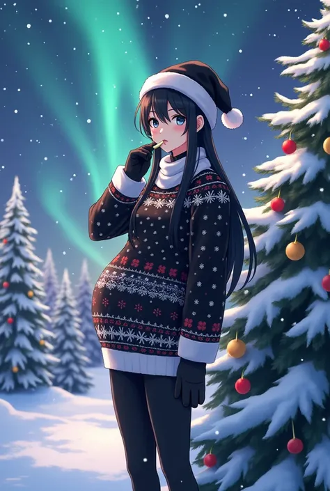 A pregnant trans man he is wearing a Christmas costume and black and white underneath a Christmas sweater with Christmas motifs on his head he is wearing a black and white Santa hat he has black long hair gray blue eyes a female face he is standing outside...