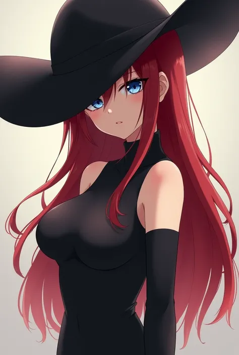  A girl with long red hair and blue eyes in profile looking at the spectator in a black dress tied with a high collar with large breasts that can be seen wearing a big black hat that covers her face,  slim body, Voluptuous big breasts , anime manga 