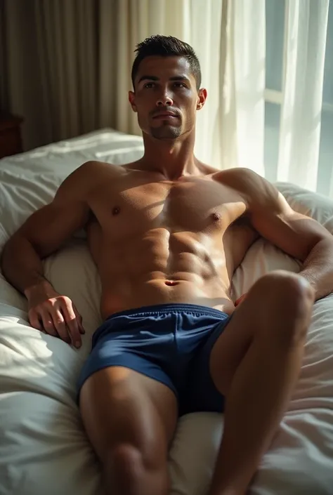 Cr7 in dark blue lycra boxer,  in a bed , by day
