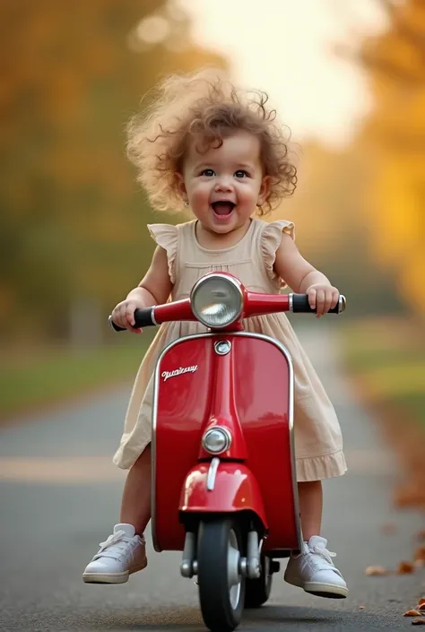 Create an ultra-detailed, hyper-realistic 8K photo of a cute baby, about , with curly hair blowing gently in the wind. The baby is on a red vintage scooter, with a surprised and happy expression, eyes wide open and a big smile of excitement. The baby wears...