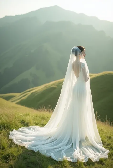 a beautiful plain white shawl veil  on the hill