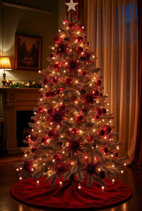  Create a Christmas tree in an Instagram post where the predominant colors are wine red and gold, Let the tree be musical and represent music 
