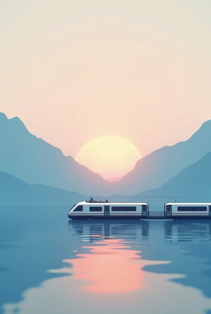  subway train crossing a calm sea,  with some bluish mountains in the background , a slightly orange but serene sunset. Simple shapes and a bit abstract .Without any cables or wires