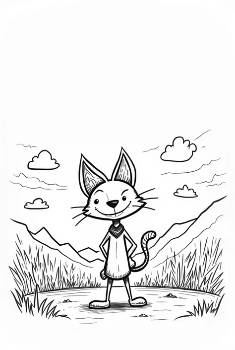 Generate a cartoon drawing,cartoon network style, sketch type, Without colors, Aimed at ren, from the Andean region of Colombia, with its inhabitants, Meoww meoww