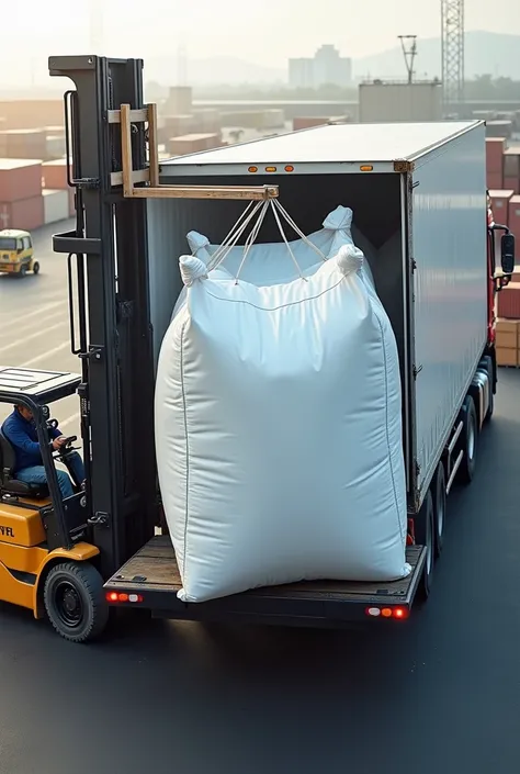 white big bag being loaded by a forklift onto a truck