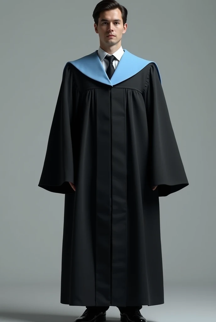 Generate a black graduation sash with a black graduation gown that has a light blue collar 