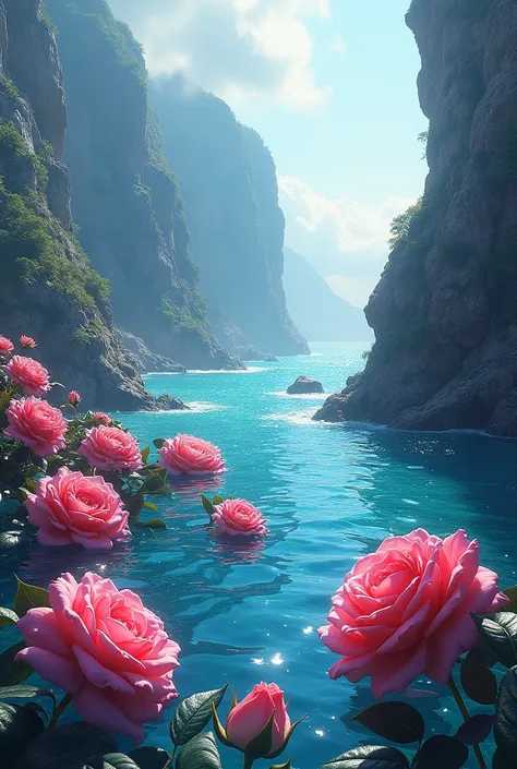 Purple , red, and white roses inside the sea by a cliff