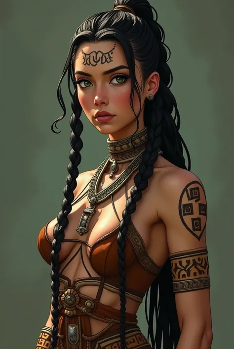  An androgynous character . Brunette with black braids . high,  with muscles and green eyes .  A tattoo on his cheek and a scar on his chest. Wear a Maori outfit for women 