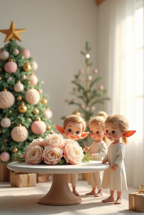  Living room in soft white tones , big round table ,  on the table there is a large bouquet of cream and pink peonies .  Next to her, an elf girl with beautiful outstretched ears and her sisters and brothers are cutting a Christmas tree 