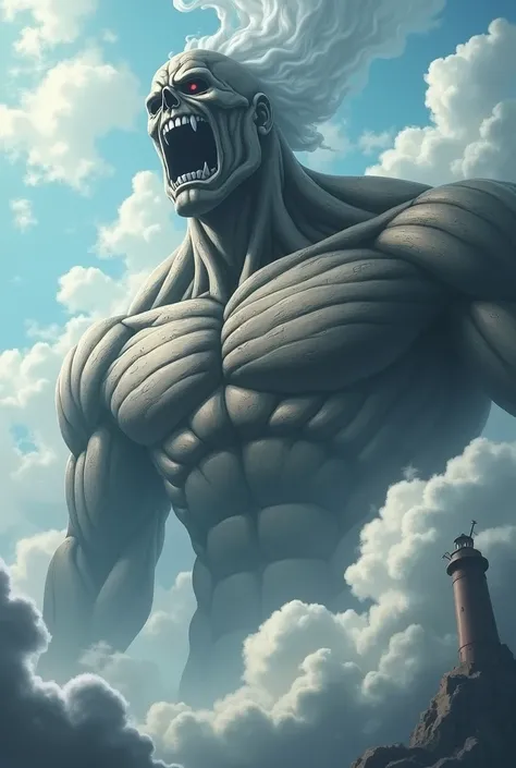 Crie o titan colossal de attack on titan, with just your head above the clouds