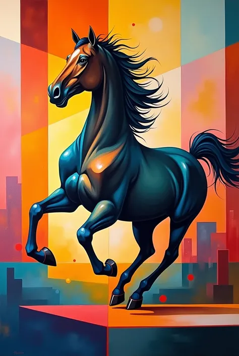 Create a painting in the style of the painter Vangot ,of A galloping horse with different colors in The Cubism style background