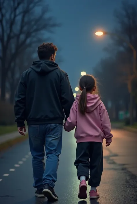 Create an image a boy and a girl from the front walking together in night on a roadside footpath. Theyre not holding hands. Theres almost no vehicle in the road. The guy is chubby. He is wearing a matt black jacket and loose blue jeans and ash colour shoe....