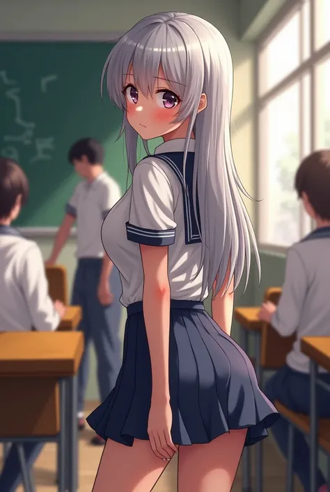 sweaty and brown skin ,  provocative school clothes,  full body and detailed , classroom scenario, some students around , young girl,  anime style ,  silver hair and long hair , not,  turned back looking back, pose sexy,  blushed face,  provocative express...