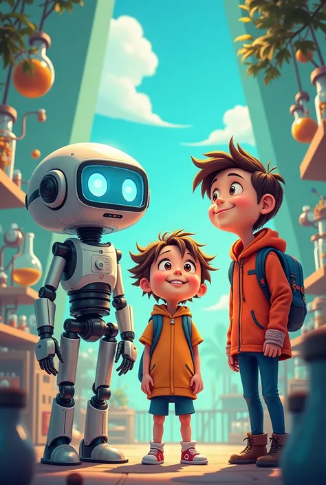 a cartoon, of two students a girl and a boy , with a robot and an animated scientist, all looking up amazed and happy gathering their thoughts 