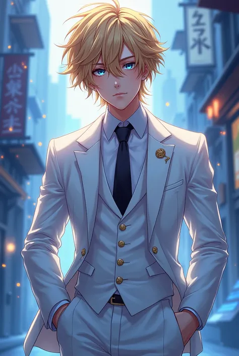 Anime art style, debonair Ezreal from League of Legends, charming figure, cute man, wearing a pristine white suit tailored to perfection, complemented by a classic black tie, tousled blonde hair softly framing his face, expressive azure eyes sparkling with...