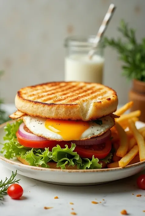 

Imagine a round panini ,  with a golden and lightly toasted pastry ,  Outside ,  creating a crunchy texture .  inside ,  you have a grilled egg with slightly crispy edges ,  resting on a bed of fresh and crunchy salad .  Golden fries are arranged on the ...